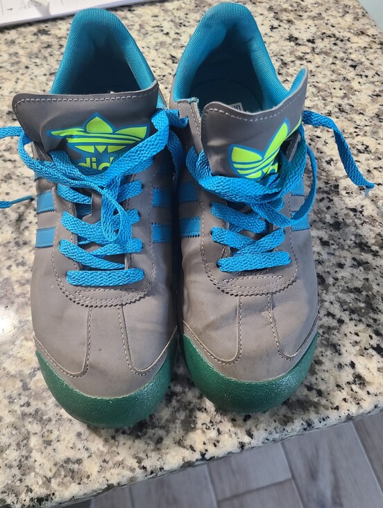 adidas Shoes - adidas Gray Sneakers with Bright Blue Laces and Green Toe Caps